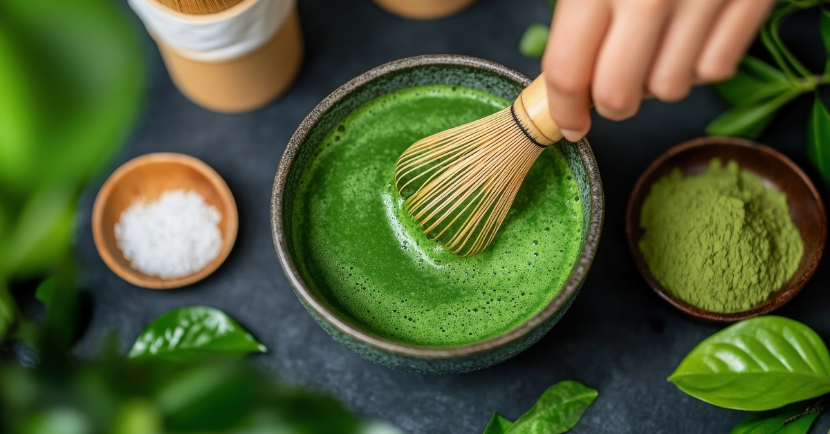 Friss, élénkzöld matcha por tálban, bambusz habverővel, a matcha minőségét és választását bemutató cikkhez