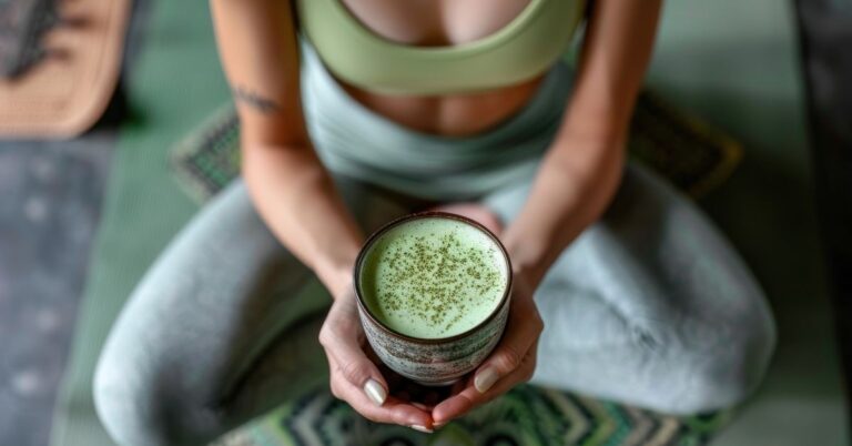 Sportos nő matcha italt tart a kezében, a matcha egészségügyi hatásairól szóló cikk kiemelt képe