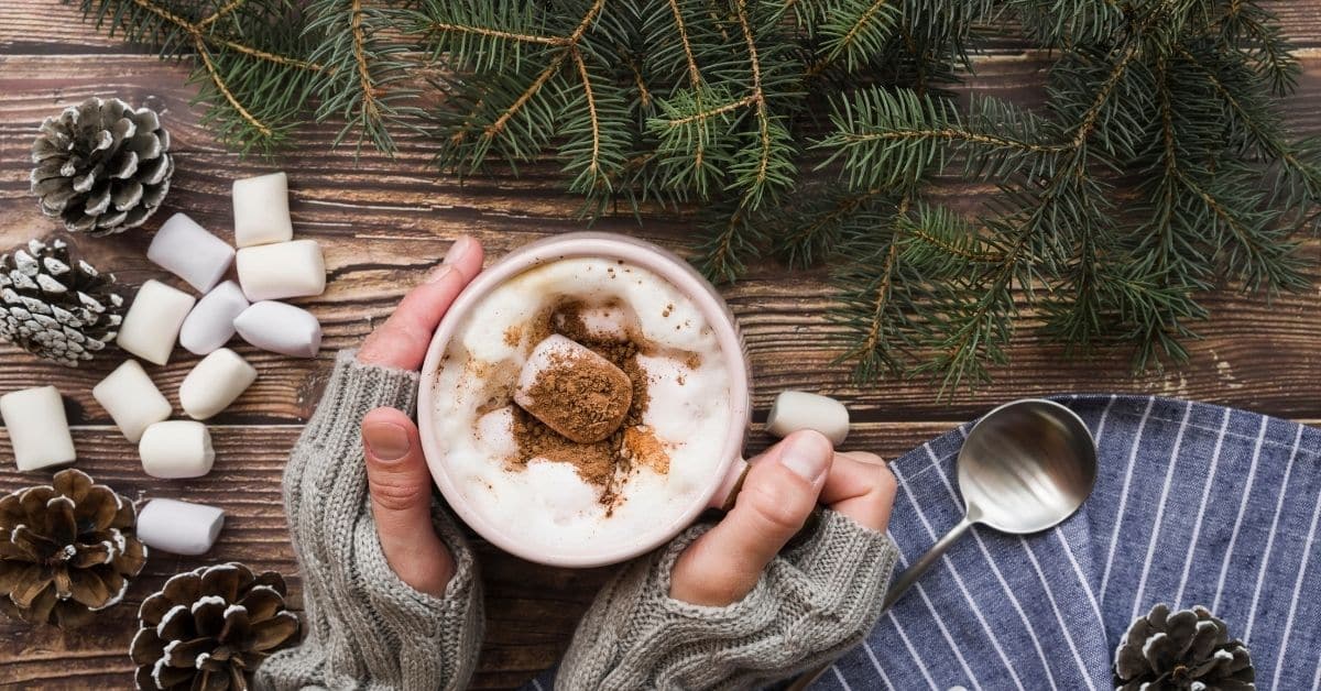 Téli matcha receptekhez illő meleg, fűszeres matcha latte két kézben, fenyőágakkal körülötte.
