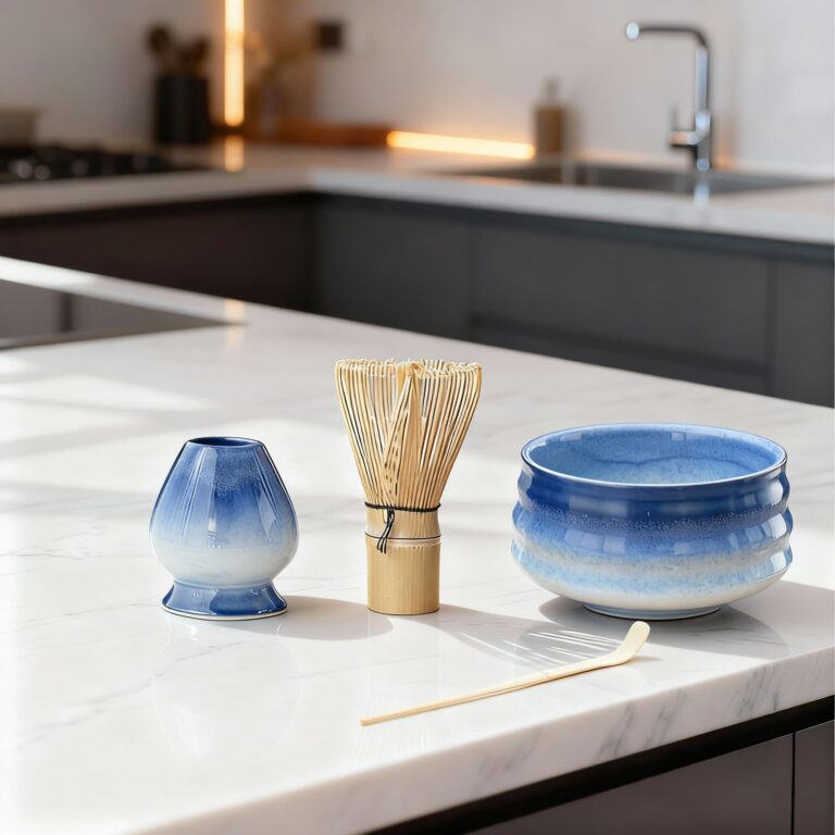 Prémium világoskék kerámia matcha szett – tál, bambusz ecset, tartó és kanál modern konyhában