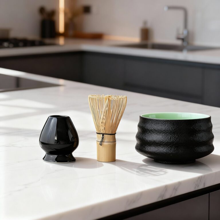 Prémium fekete kerámia matcha szett – tál, bambusz ecset és tartó modern konyhában