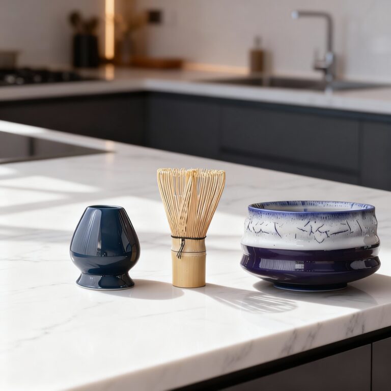 Prémium sötétkék-fehér kerámia matcha szett – tál, bambusz ecset és tartó modern konyhában