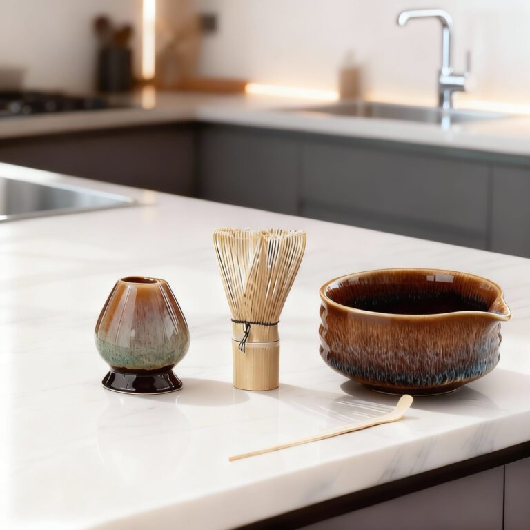 Prémium barna kerámia matcha szett – tál, bambusz ecset, tartó és kanál modern konyhában