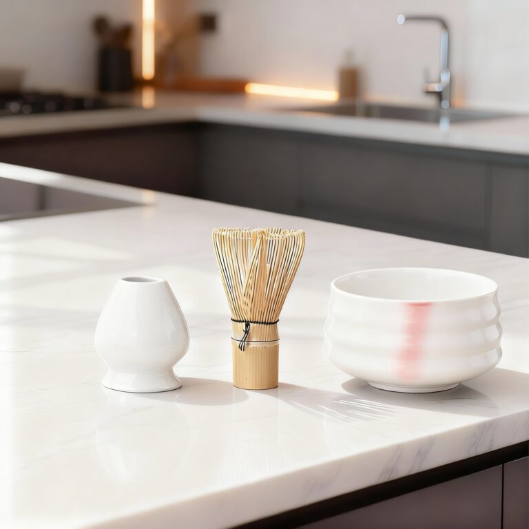 Prémium fehér kerámia matcha szett – tál, bambusz ecset és tartó modern konyhában