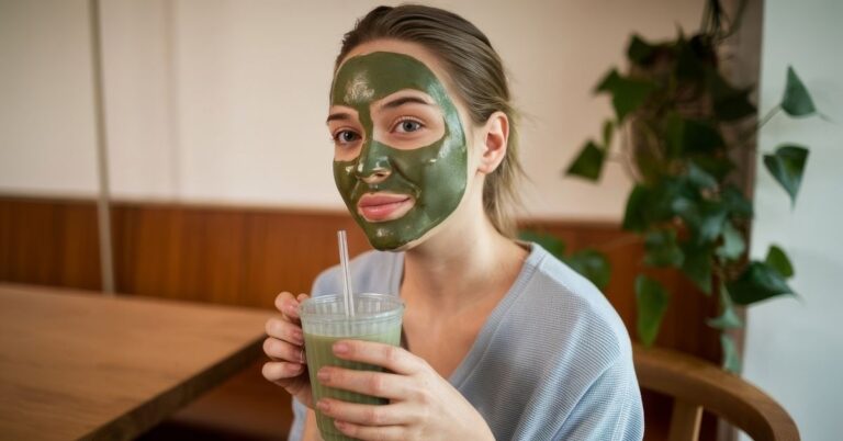 Nő matcha arcmaszkkal az arcán – természetes szépségápolás otthon
